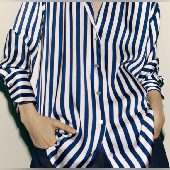 Zara | Blue and White Striped Satin Button Up, Size S - Picture 2 of 7